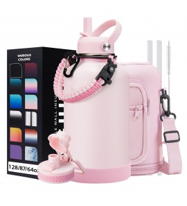 Half Gallon Water-Bottle with Straw - Pop-up Chug Lid (Cold 48H & Hot 24H) 64oz Insulated Water Bottle Flask with Sleeve Strap, Paracord Handle, Bottle Boot, Pink Stainless Steel Metal Water Jug
