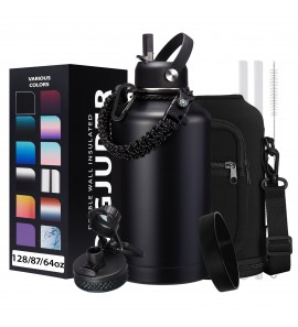 Insulated Water Bottle 64oz - w/Paracord Handle, Straw & Spout Lids, Carrier Bag, Half Gallon Sport Stainless Steel Water Flask Jug, Thermo Mug Triple-wall Vacuum Insulated Water Bottle