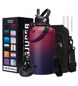 64OZ Vacuum Insulated Water Bottle - Keep Hot Cold Vacuum Flasks with Straw & Spout Lids, Paracord Handle, Water Bottler Carrier Holder & Protective Cup Mat, 1.8L Stainless Steel Water Jug