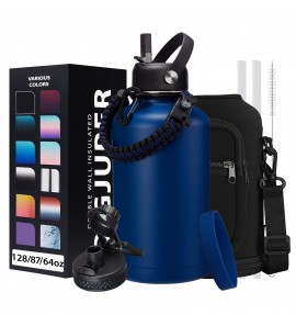 64OZ Insulated Water-Bottles with Straw - Spout Lid, Stainless Steel Metal Water Jug Keep Cold 48h/Hot 24h, Half Gallon Water Bottle w/ Paracord Handle & Carry Sleeve Strap for Hiking Camping Sport
