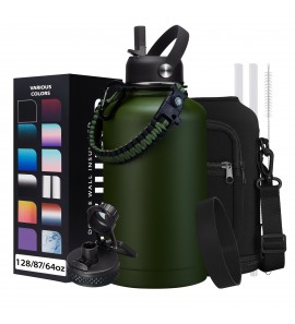 64oz Insulated Water Bottle with Straw & Auto Spout Lid - (Cold 48H & Hot 24H) Half Gallon Stainless Steel Water Jug with Paracord Handle, Metal Tactical Military Water Flask with Carrier Strap Bag