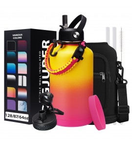 64oz Water Bottle Stainless Steel - with Paracord Handle, Straw & Auto Spout Lids, Shoulder Carrier Bag & Insulated Bottle Protective Boot, Sweat-Proof Half Gallon Metal Insulated Flask Wide-mouth