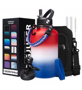 64oz Water Bottle Stainless Steel - with Paracord Handle, Straw & Auto Spout Lids, Shoulder Carrier Bag & Insulated Bottle Protective Boot, Sweat-Proof Half Gallon Metal Insulated Flask Wide-mouth