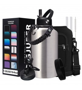 64 oz Insulated Water Bottle Stainless Steel - Gallon Water Bottle with Straw, Half Gallon Water Jug Wide Mouth, Sweat-Proof Metal Flask Mug with Paracord Handle For Gym Camping Hiking
