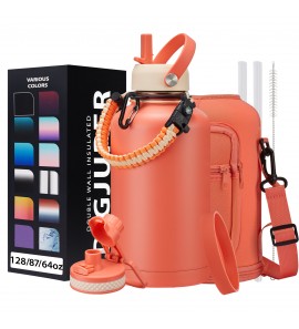 64oz Insulated Water-Bottle with Strap - Half Gallon Water Jug with Straw & Spout Lid, 2 Liter Stainless Steel Water Bottle Leak Proof, Cold-48h Hot-24h Metal Flask w/ Paracord Handle, Carrier Case