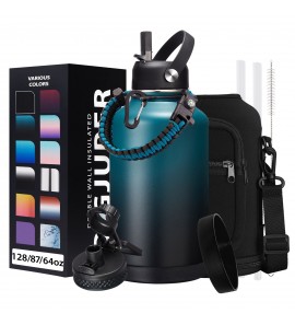 Half-gallon Insulated Water-Bottle with Straw - Stainless Steel Thermo Jug with Spout Straws Lids, Paracord Handle & Bottle Sleeve, 64OZ Vacuum Thermo Bottle for Outdoor Working Camping Trip