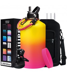 1 Gallon Insulated Water Bottle - with Straw & Auto Chug Lid, Paracord Handle, Bottle Sleeve, 128 oz Stainless Steel Water Bottle, Large Metal Gallon Water Jug Canteen for Sport Work
