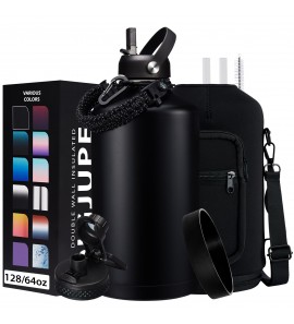 128OZ Insulated Water-Bottles with Strap - 1 Gallon Large Water Jug with Straw & Spout Lid, Stainless Steel Water Bottle Leak Proof, Cold-48h Hot-24h Metal Water Flask w/ Paracord Handle, Carrier Bag