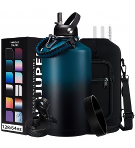 1 Gallon Water Bottle Stainless Steel - 128oz Insulated Flask with Sleeve Strap, Big Water Jug with Straw & Spout Lid, Gym Camping Gallon Water Bottle w/ Paracord Handle, protective Boot