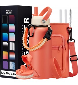 32 oz Sports Water Bottle Insulated - w/Paracord Handle, Straw & Spout Lids, Protective Boot, Sweat Proof Hydro Metal Water Flask Keeps Cold-48H Hot-24H, Travel Thermo Mug for Sports Hiking