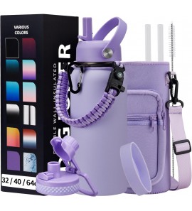 Insulated Water Bottle 32 oz - with Straw & Pop-up Spout Lid, Paracord Handle, Carrier Shoulder Strap, Protective Boot, Wide Mouth Double Walled Vacuum Insulated Gym Water Bottle for Women