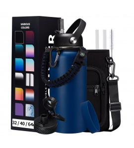 Stainless Steel Water Bottles 32oz - w/Paracord Handle, Straw/Spout Lid, Carrying Case & Protective Boot, Leak Proof Metal Thermo Bottle, Double Wall Vacuum Insulated Bottle Keep Cold 48H & Hot 24H