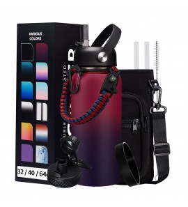 32OZ Insulated Water Bottle with Straw - Spout Lid, Sweat-Proof & BPA-Free Metal Reusable Water Bottles, Wide-Mouth Vacuum Insulated Bottle with Paracord Handle, Bottle Sleeve Bag & Protective Boot