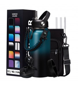 Vacuum Insulated Water Bottle 32oz - with Straw & Spout Lids, Paracord Handle, Shoulder Carrier Bag, Large Sport Stainless Steel Water Bottle, Double-wall Metal Water Bottle Thermal Hydro Mug Flask