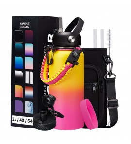 32/40/64oz Insulated Water Bottle with Paracord Handle, Sleeve Carry Strap, Straw Spout Lid, Wide Mouth Metal Canteen Sports Thermo Mug, Leak & Sweat Proof Cold Flask Jug for Camping Traveling