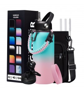 32oz Stainless Steel Water Bottle -w/Paracord Handle, Straw & Spout Lids, Bottle Sleeve, Reusable Metal Thermo Keep Cold-48h & Hot-24h, Wide Mouth Double-Wall Vacuum Flasks for Sports Fitness