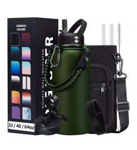 Insulated Water Bottle 32 oz - Cold-48h & Hot-24h Stainless Steel Vacuum Flask with Straw & Pop-up Chug Lid, Leak Proof 32oz Water Bottles, Wide Mouth Hydro Metal Thermal Cups for Gym Work