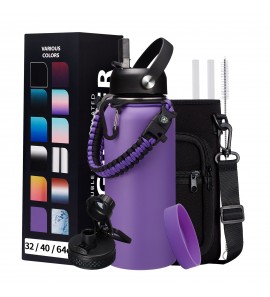 32 oz Water Bottles with Straw & Spout Lid, Paracord Handle & Strap, Double Wall Insulated Flask Water Bottle, Reusable Wide Mouth Gym Water Bottles for Women and Men for Outdoor Fitness Sports