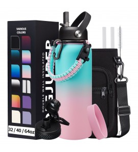 40 oz Insulated Water Bottle - Stainless Steel Water Bottles with Straw & Spout Lids, Paracord Handle, Carrier Bag with Strap, Protective Cup Mat, Keep Cold-48H & Hot-12H Metal Water Flask