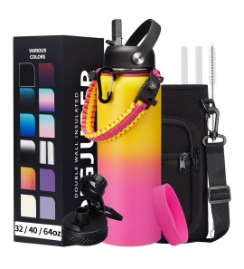 40OZ Insulated Stainless-Steel Water Bottle - Reusable Metal Water Bottles with Straw & Spout Lids, Paracord Handle & Bottle Carrier Pouch, Leakproof Workout Water Bottle Flask for Women Men