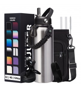 40oz Stainless Steel Water Bottle - Wide Mouth Vacuum Insulated Metal Water Bottle with Straw Lid & Paracord Handle, Sweat-Proof Water Flask Thermo Metal Mug with Strap for Gym Camping Hiking