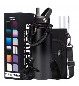 Vacuum Insulated Water Bottle 40oz - w/Straw Lid & Spout Lid, Carrier Bag, Paracord Handle, Bottle Boot, Stainless Steel Water Bottle for Adults, Wide Mouth Thermo Bottle Flask Cold-48H Hot-24H