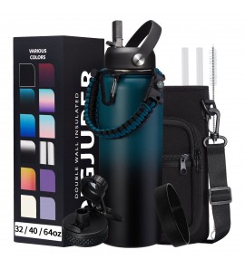 Vacuum Insulated Water Bottle 40oz - with Straw & Spout Lids, Paracord Handle, Shoulder Carrier Bag, Sport Stainless Steel , Double-wall Metal Water Bottle Thermo Hydro Mug Flask