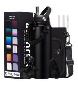 40OZ Insulated Water Bottle With Auto Spout Lids, Straw Lids, Paracord Handle for Sport, Protective Cup Mat, BPA-Free Reusable Insulated Water Bottle - Black Water Jug with Straw
