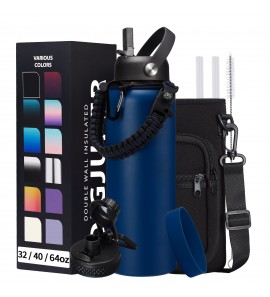 Water-Bottle Insulated 40oz with Straw - Carrying Pouch & Paracord Handle, Leakproof Thermo Metal Bottle Keep Cold 48H Hot 24H, Sport Canteen Stainless Steel Water Bottle for Indoor Outdoor