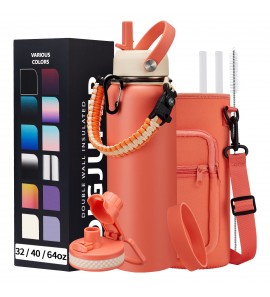 40 oz Stainless Steel Water Bottles with Straw and Auto Spout Lids, Wide Mouth Metal Thermos Bottles for Gym, Leak Proof & BPA-Free Water Flask Jug with Paracord Handle & Carrier Bag with Strap