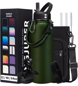 40OZ Water Bottle Stainless Steel - Cold-48H & Hot-24H Vacuum Insulated Water Bottle with Straw & Chug Lid, Strap Carrying Pouch, Paracord Handle & Flask Boot, Thermo Hydro Bottle for Hiking Cycling